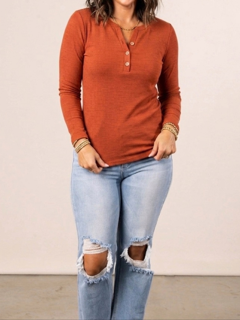 White Birch Rust Waffle Knit Henley Top | Size L | New With Tag
